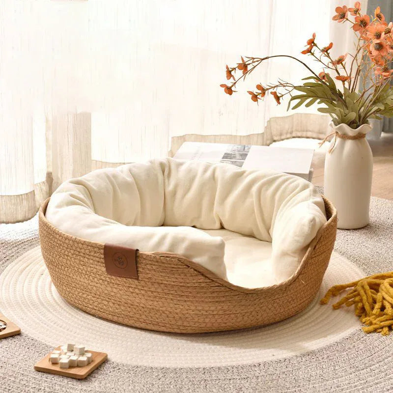 Gezellig bamboe rieten kattenbed – 100% katoen met afneembaar kussen - Ruffy