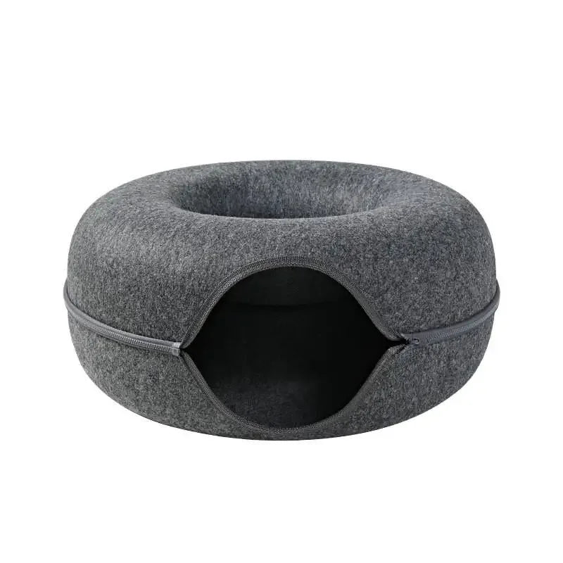 Interactieve donutvormige kattenmand van wolvilt met ademend ontwerp voor spelen en rusten - Ruffy