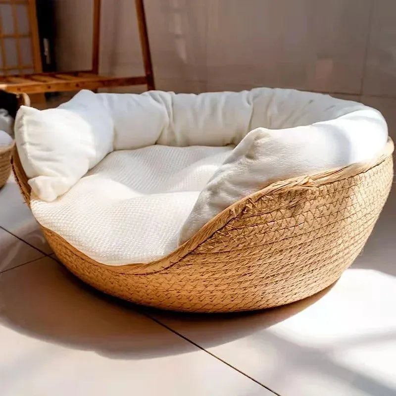 Gezellig bamboe rieten kattenbed – 100% katoen met afneembaar kussen - Ruffy