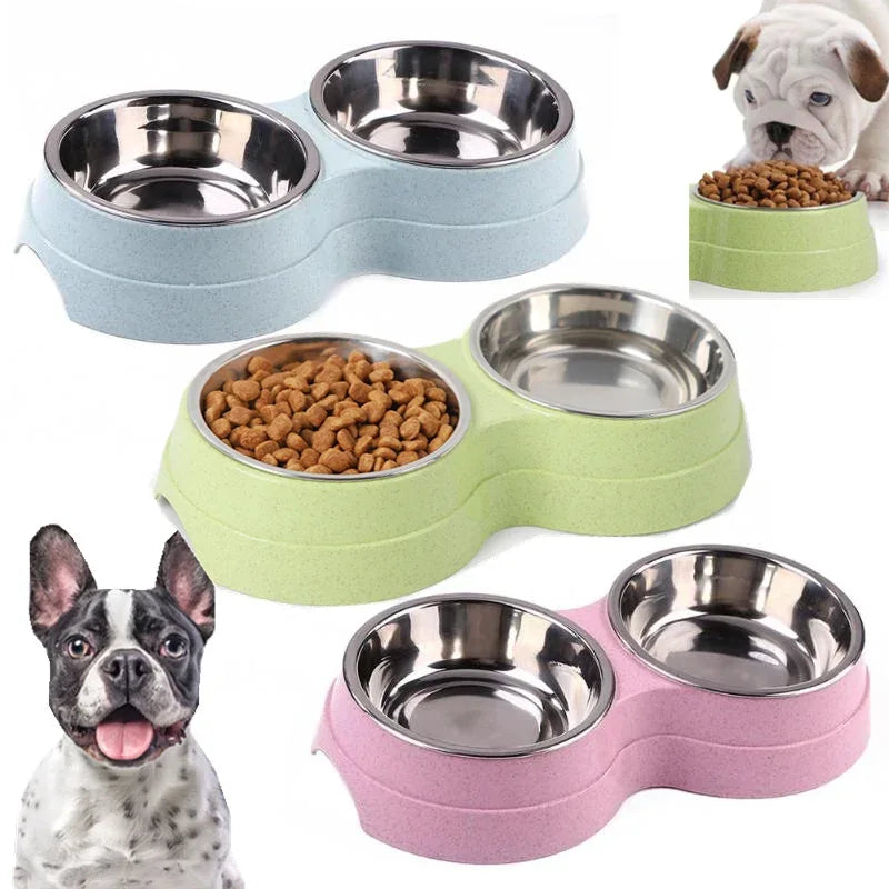 Twee voedersystemen voor huisdieren met roestvrijstalen en rieten bakjes voor voedsel en water Duurzaam, niet-giftig ontwerp - Ruffy