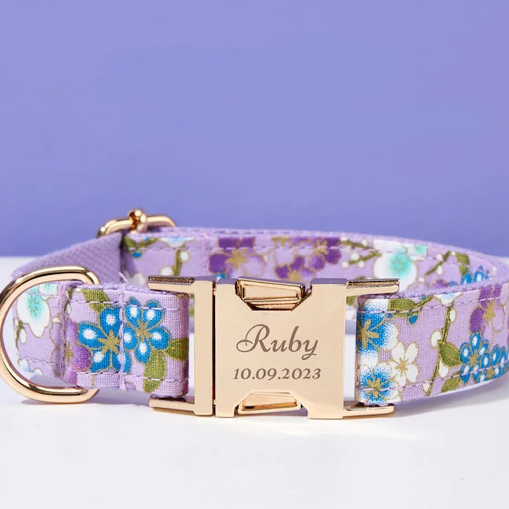 Gepersonaliseerde Gegraveerde Halsband en Leiband Set Duurzaam Katoenen Verstelbare Halsband met Beveiligde ID Label Paars XS-XL - Ruffy