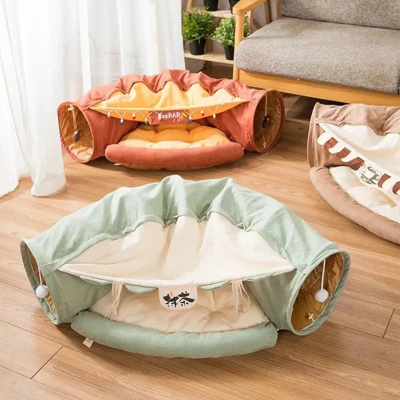 Interactief kattentunnelspeelgoed met bed Opvouwbaar Duurzaam Wasbaar Ontwerp 126cm Lang - Ruffy