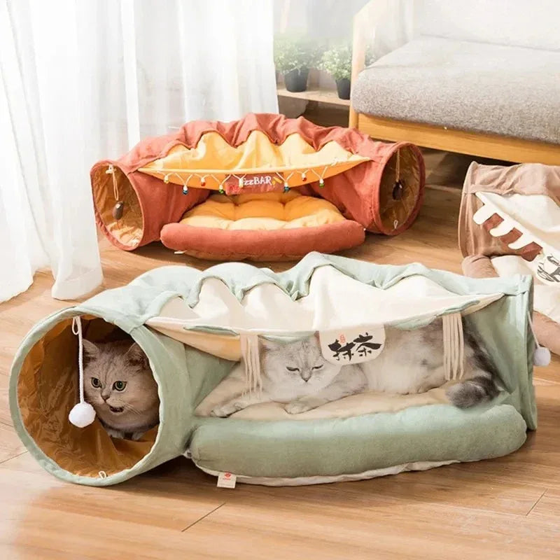 Interactief kattentunnelspeelgoed met bed Opvouwbaar Duurzaam Wasbaar Ontwerp 126cm Lang - Ruffy