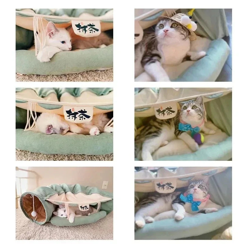 Interactief kattentunnelspeelgoed met bed Opvouwbaar Duurzaam Wasbaar Ontwerp 126cm Lang - Ruffy