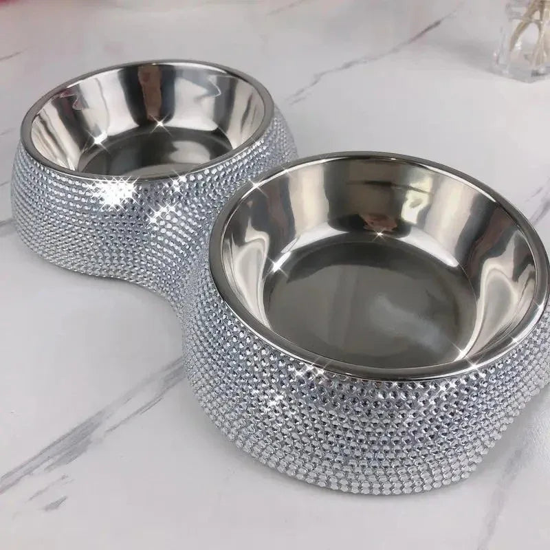 Luxe Dubbele Voerbak Met Strass Voor Huisdieren Roestvrij Staal en Makkelijk Schoon te Maken - Ruffy