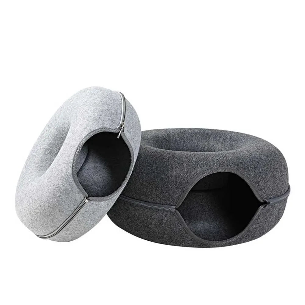 Interactieve donutvormige kattenmand van wolvilt met ademend ontwerp voor spelen en rusten - Ruffy