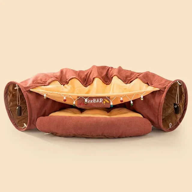 Interactief kattentunnelspeelgoed met bed Opvouwbaar Duurzaam Wasbaar Ontwerp 126cm Lang - Ruffy