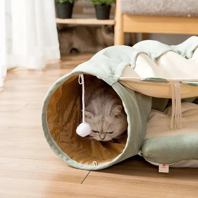 Interactief kattentunnelspeelgoed met bed Opvouwbaar Duurzaam Wasbaar Ontwerp 126cm Lang - Ruffy