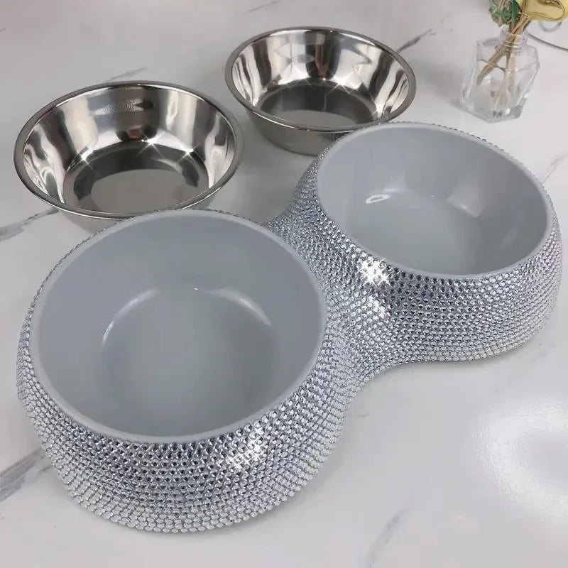 Luxe Dubbele Voerbak Met Strass Voor Huisdieren Roestvrij Staal en Makkelijk Schoon te Maken - Ruffy