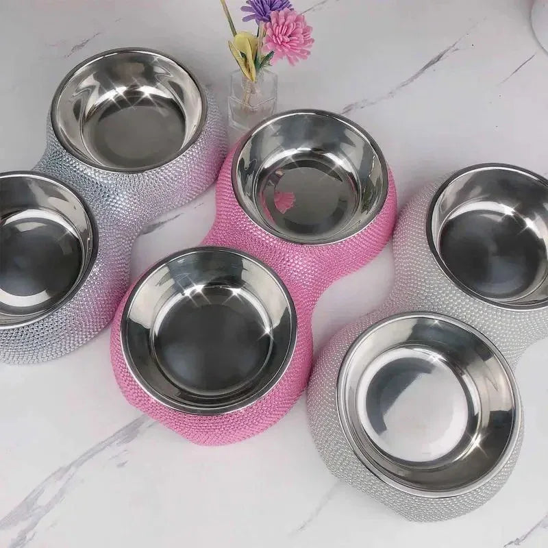 Luxe Dubbele Voerbak Met Strass Voor Huisdieren Roestvrij Staal en Makkelijk Schoon te Maken - Ruffy