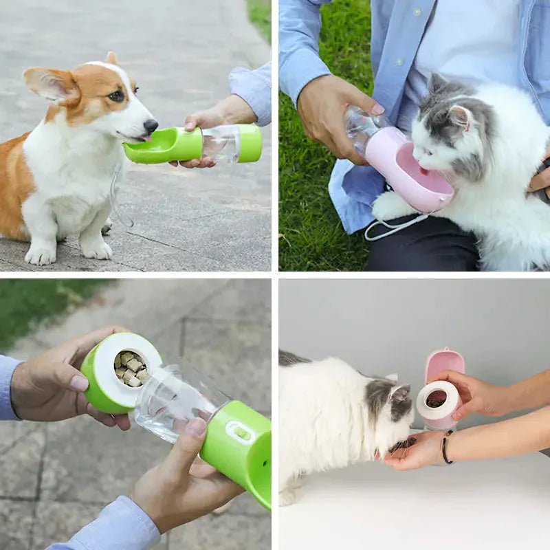 Dubbele Reisfles voor Honden Water en Voedsel Lekvrij en BPA-vrij met Drukknop en Karabijnhaak - Ruffy